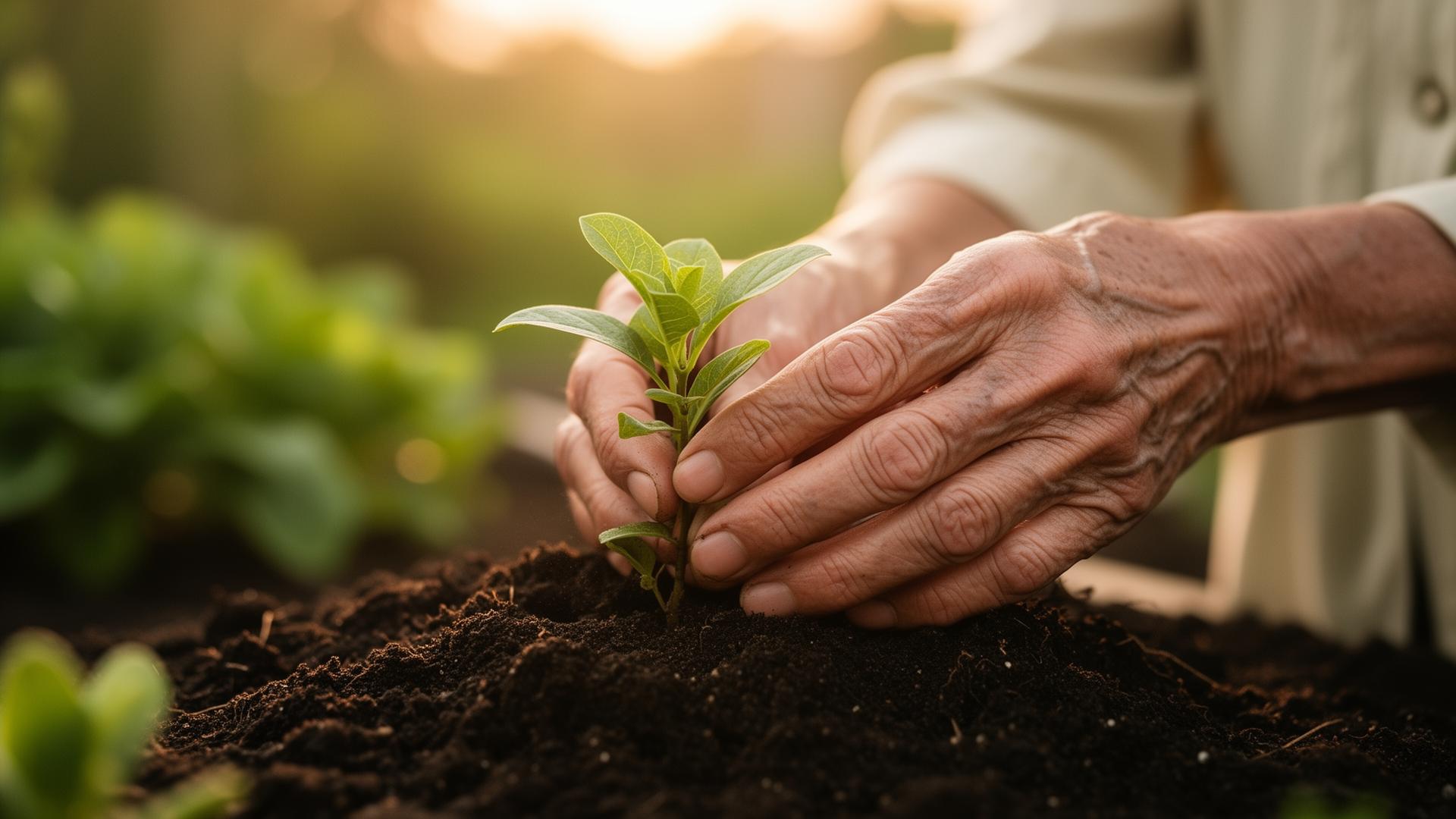 Older woman's weathered hands tending a small green seedling in dark soil at golden hour